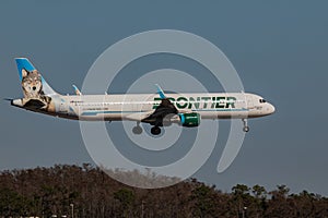 FORT MYERS, FLORIDA, USA - 27 FEB 2024. Frontier N704FR Airbus A321-211 landing at Southwest Florida
