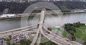 Fort Pitt Bridge in Pittsburgh, Pennsylvania. Traffic in Background