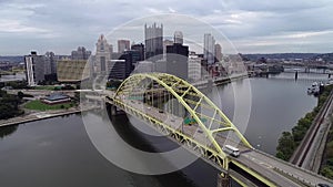 Fort Pitt Bridge in Pittsburgh, Pennsylvania. Traffic in Foreground, Cityscape with Skyscapers in Background