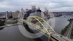 Fort Pitt Bridge in Pittsburgh, Pennsylvania. Traffic in Foreground, Cityscape with Skyscapers in Background II