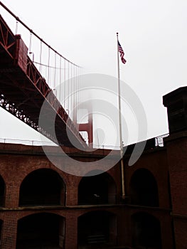 Fort Point, San Francisco: View on Golden Gate Bridge befogged