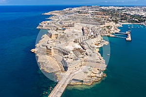 Fort Ricasoli aerial view. Island of Malta from above. Bastioned fort built by the Order of Saint John in Kalkara, Malta.