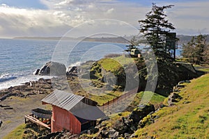 Fort Rodd Hill National Historic Site with Belmont Battery and Searchlight Shed during Storm, Vancouver Island, British Columbia