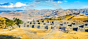 Fort Sacsayhuaman and Cuzco city on backgroudn on sunny day, Peru