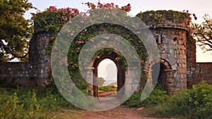 Fort tower entrance covered in dawns light and vegetation