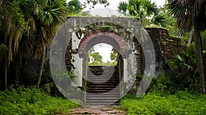 Fort tower entrance obscured by overgrowth