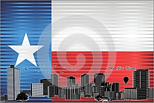 Fort Worth city skyline with flag of Texas on background photo