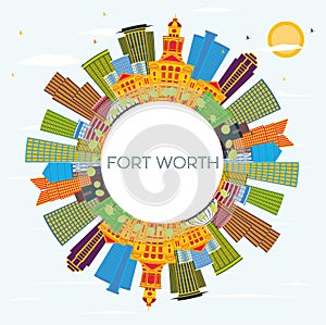 Fort Worth Texas City Skyline with Color Buildings, Blue Sky and Copy Space.