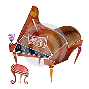 Fortepiano watercolour illustration, clavicembalo, harpsichord