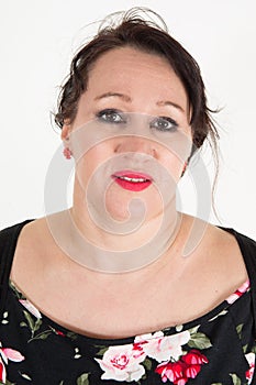 Forties brunette woman portrait in white background