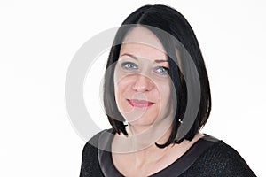 forties pretty brunette woman in black shirt in white