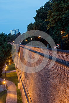 Fortification walls of Vysehrad castle, night view Prague