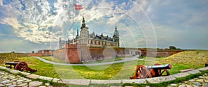 Fortifications with cannons and walls of fortress in Kronborg castle Castle of Hamlet. Helsingor, Denmark