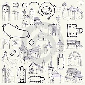 Fortified churches. Hand drawing of plans, elevations, perspectives and details