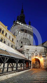 Fortified citadel of Sighisoara, Romania, by night - UNESCO heritage - historical landmarks