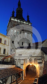 Fortified citadel of Sighisoara, Romania, by night - UNESCO heritage - historical landmarks