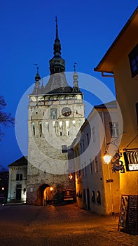 Fortified citadel of Sighisoara, Romania, by night - UNESCO heritage - historical landmarks