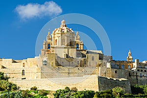 The fortified, formerly capital, city of Mdina with the dominant church of St Paul\'s Cathedral, Mdina, Malta, Europe