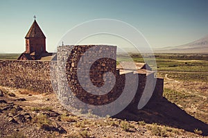 Fortified Khor Virap Monastery. Exploring Armenia. Armenian architecture. Tourism and travel concept. Religious landmark. Tourist