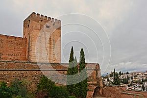 Fortified tower, detail of Alhambra moorish castle, Granada