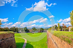 Fortified walls and nature park around old city. Lucca. Tuscany. Italy