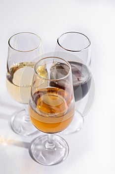 Fortified wine from Andalusia, Spain, different types of sherry in glasses on white background photo