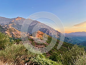 Fortin de Pasciolo at sunrise. Fort in the mountains at Vivario with stunning views. Corsica, France.