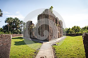 Fortress. Brick walls of Fort Zeelandia, Guyana. Fort Zealand is located on the island of the Essequibo river.