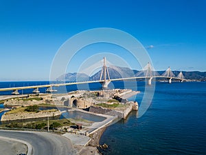 Fortress and bridge of Rio Antirio, Patra, Greece. Aerial drone bird`s eye view photo.