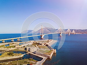 Fortress and bridge of Rio Antirio, Patra, Greece. Aerial drone bird`s eye view photo.