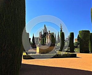 The Fortress of the Christian, AlcÃ¡zar de los Reyes Cristianos, Cordoba, Spain - Statue of Ferdinand, Isabella and Columbus