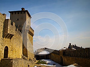 Fortress of Guaita with the towers Cesta and Montela in the background, San Marino