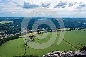 The fortress Koenigstein seen from the mountain Lilienstein in the Saxon Switzerland