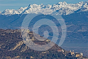 Fortress of La Bastille over Grenoble and Belledonne mountain range