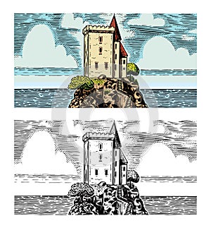 and a fortress on a rocky mountain. Castle on the background of the sea. French or Italian engraved landscape. Hand