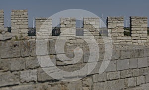 Fortress ruins on Kaliakra cape in Bulgaria Wind turbines