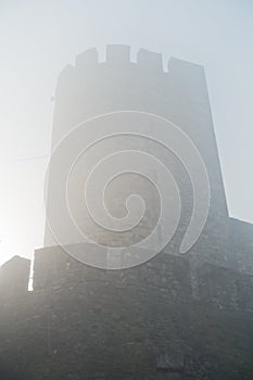 Fortress tower in fog at autumn morning, Kalemegdan, Belgrade
