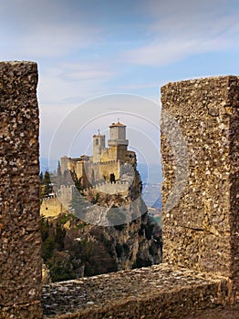 Fortress and tower of Guaita La Rocca viewed from the wall of the Fortress La Cesta, San Marino