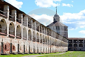 Fortress tower and wall of Kirillo-Belozersky monastery by day.