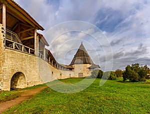 A fortress in the village of Staraya Ladoga on a cape where the Ladozhka River flows into the Volkhov River