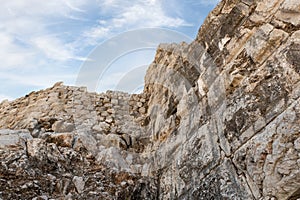 The fortress wall near the secret exit to the ruins of the medieval fortress of Nimrod - Qalaat al-Subeiba, located near the