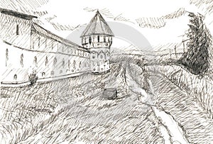 Fortress wall with a tower, black and white drawing