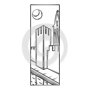 Fortress wall tower, protective moat, reflection in the water. Moonlight night.