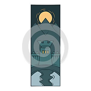 Fortress wall tower, protective moat, reflection in the water. Moonlight night.