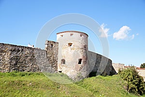 Fortress wall and watchtower without a roof in the old town in Slovakia