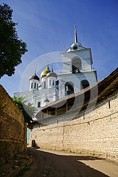 Fortress wall and zahab in Trinity tower of the medieval Pskov Kremlin. Pskov, Russia