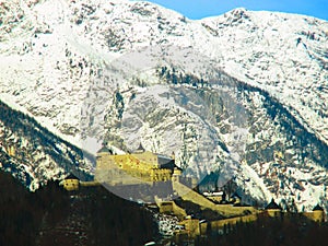 A fortress in winter mountains