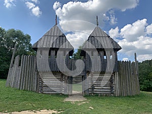 Fortress wooden from logs. Fortress wall of Tustan, historical monument, Ukraine. Protective structure of the Middle Ages, wooden