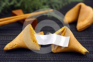 Fortune cookie with blank paper strip on black napkin background