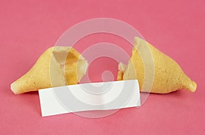 Fortune Cookie on a crimson background. Close-up of foreboding broken cookies with white piece of paper with copy space on a dark